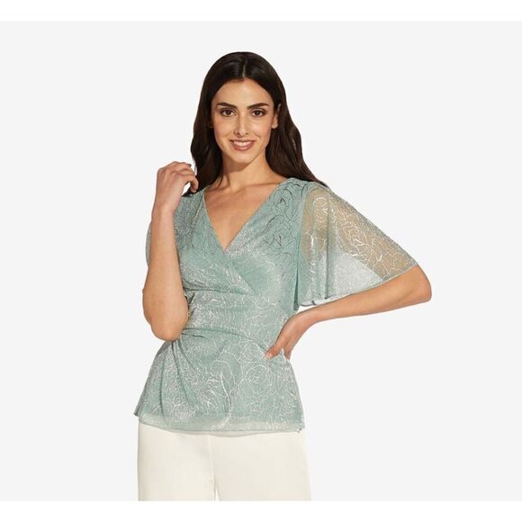 Adrianna Papell Women's Dress Sz 4 Metallic Printed Flutter-Sleeve Top Green - Picture 1 of 1